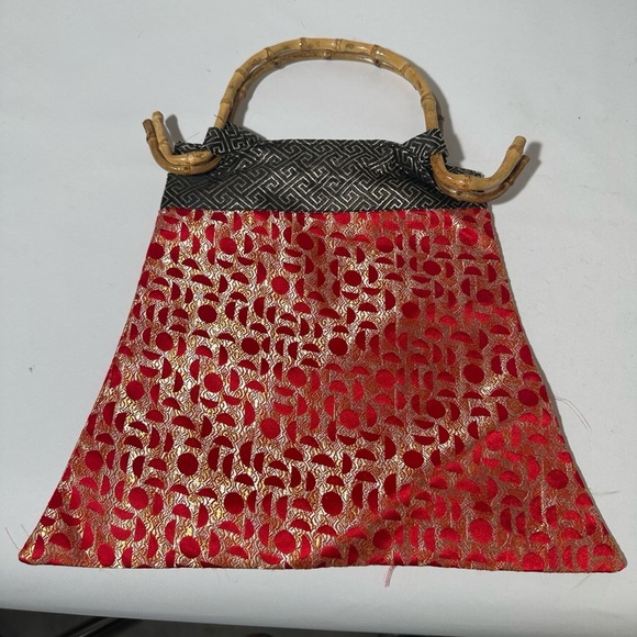 Red and Gold Geometric Tote with Bamboo Handle - Picture 1 of 4